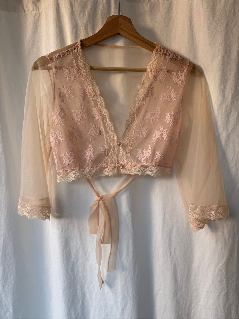 Sheer Lace Tie-Front Robe Top in Blush Pink